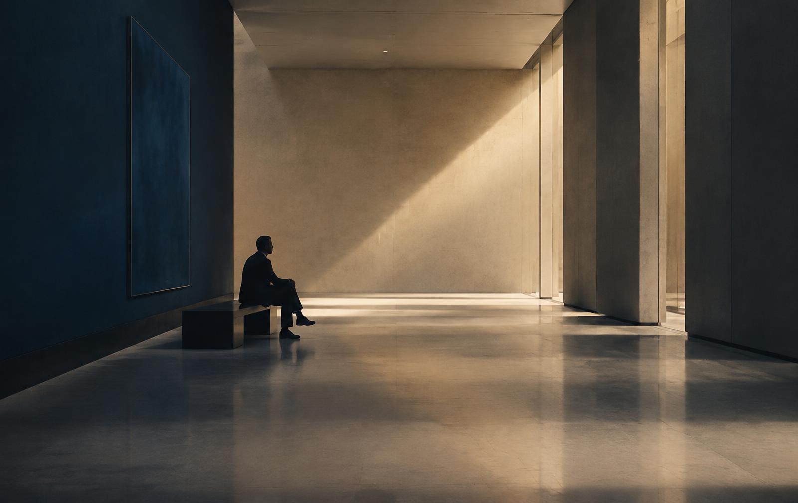 A lone figure in a quiet, light-filled corridor